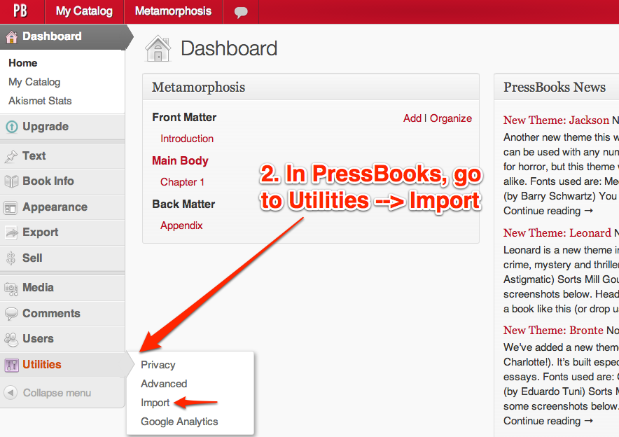 Go to Utilities then Import to bring in a word document.