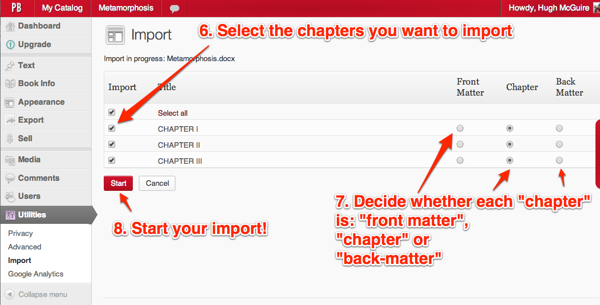 Select the chapers you want to include in the import